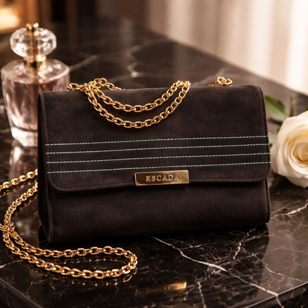 Escada dark blue Suede Crossbody Bag with Gold Chain